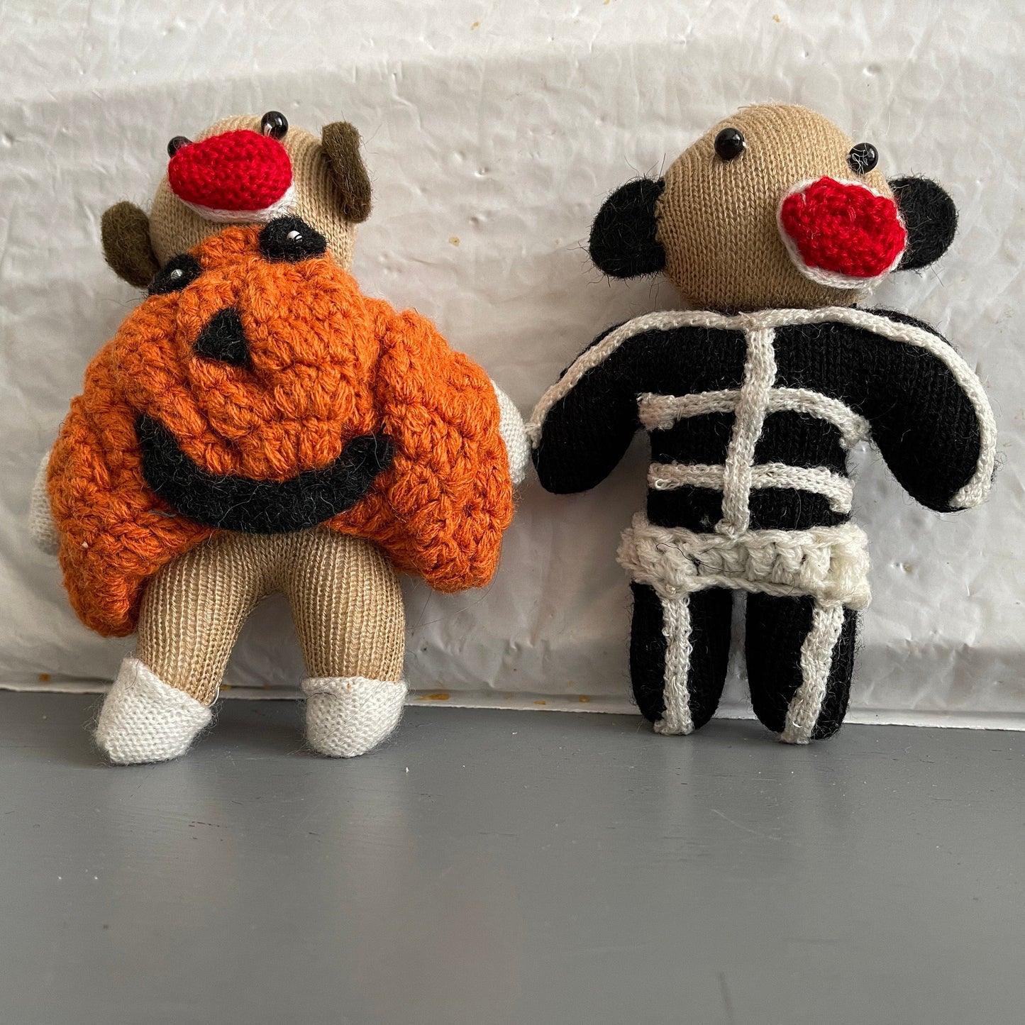 Halloween Pair Of Sock Monkey Hand Knitted Vintage Collectible Decorative Dolls