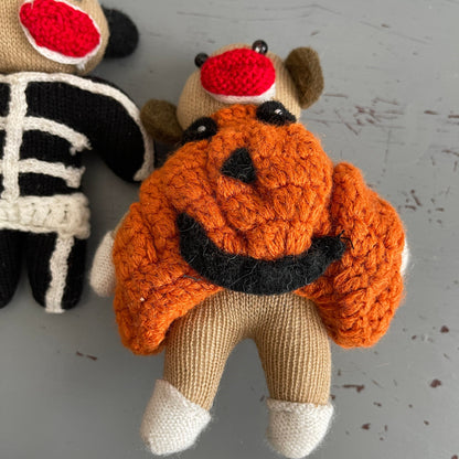 Halloween Pair Of Sock Monkey Hand Knitted Vintage Collectible Decorative Dolls