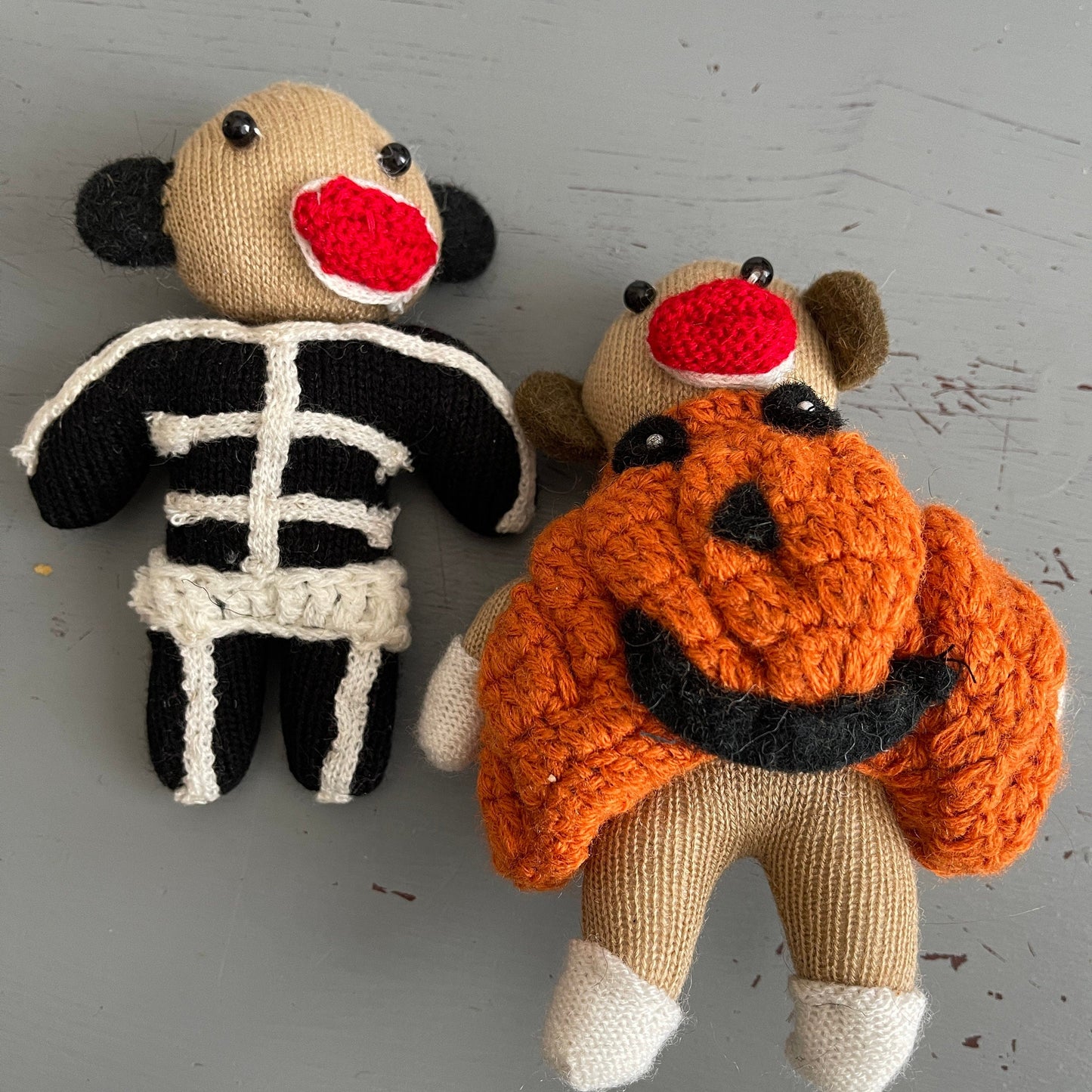 Halloween Pair Of Sock Monkey Hand Knitted Vintage Collectible Decorative Dolls