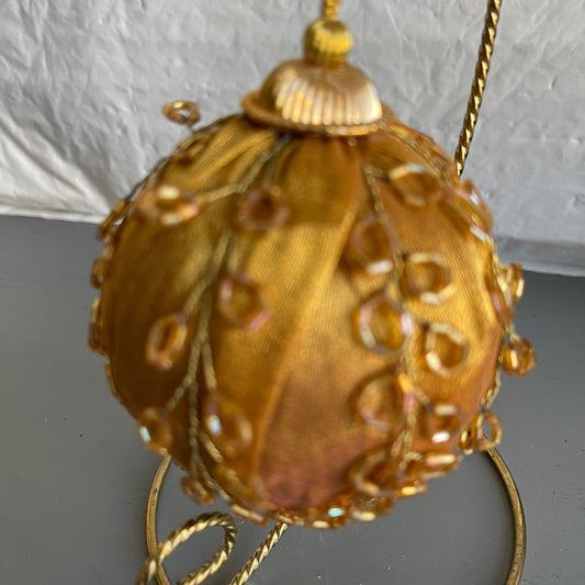 Gorgeous Golden Fancy Ribbon & Bead Ball Ornament