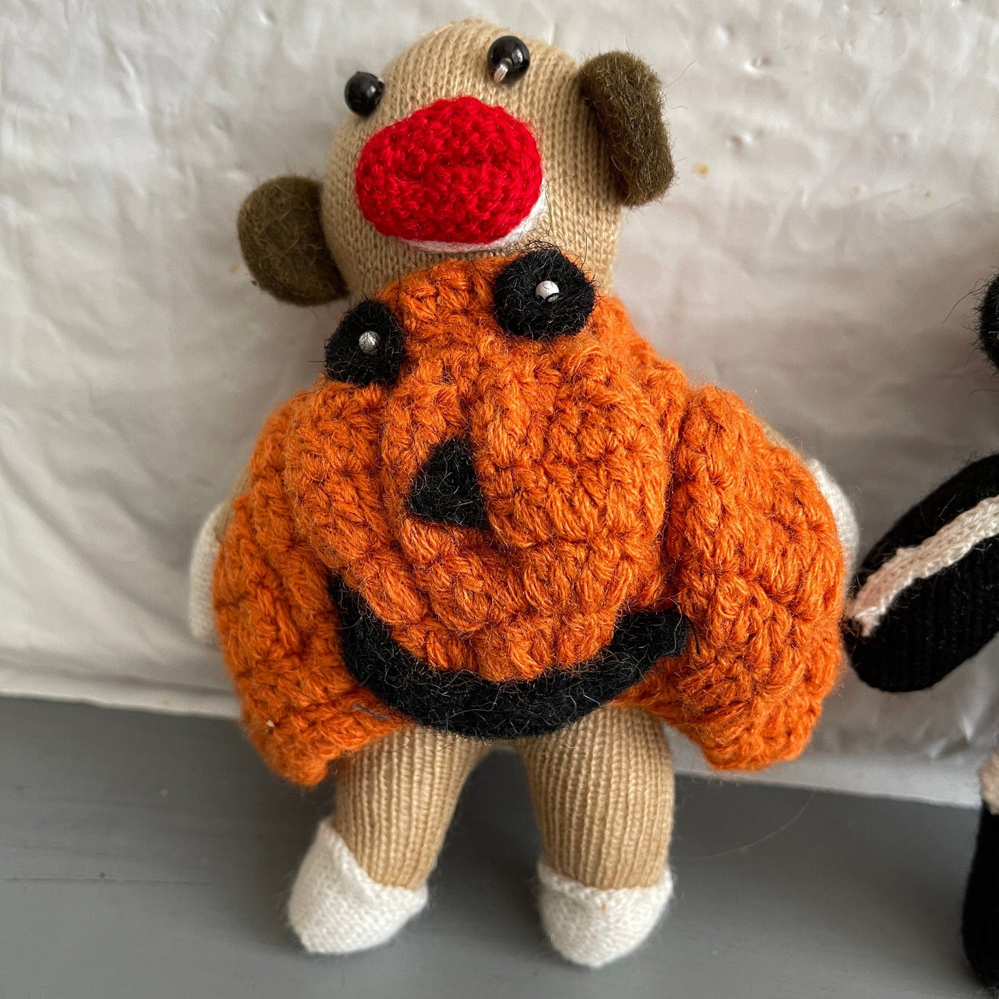 Halloween Pair Of Sock Monkey Hand Knitted Vintage Collectible Decorative Dolls