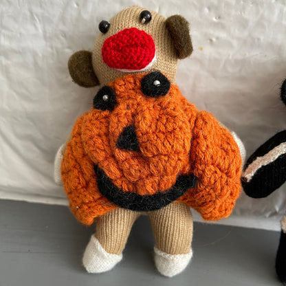 Halloween Pair Of Sock Monkey Hand Knitted Vintage Collectible Decorative Dolls