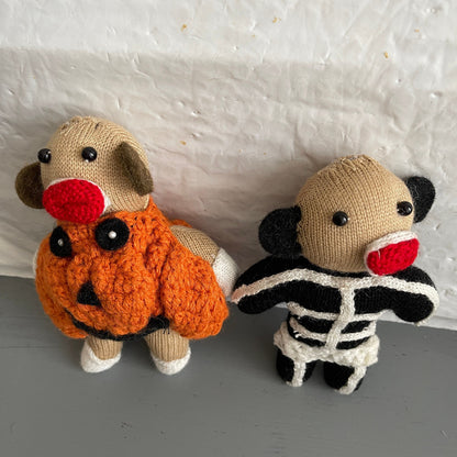 Halloween Pair Of Sock Monkey Hand Knitted Vintage Collectible Decorative Dolls