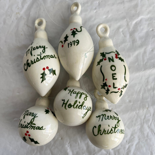 Festive Set Of 6 Holly Berries and Leaves White Porcelain Ornaments Dated 1979 Christmas Ornaments