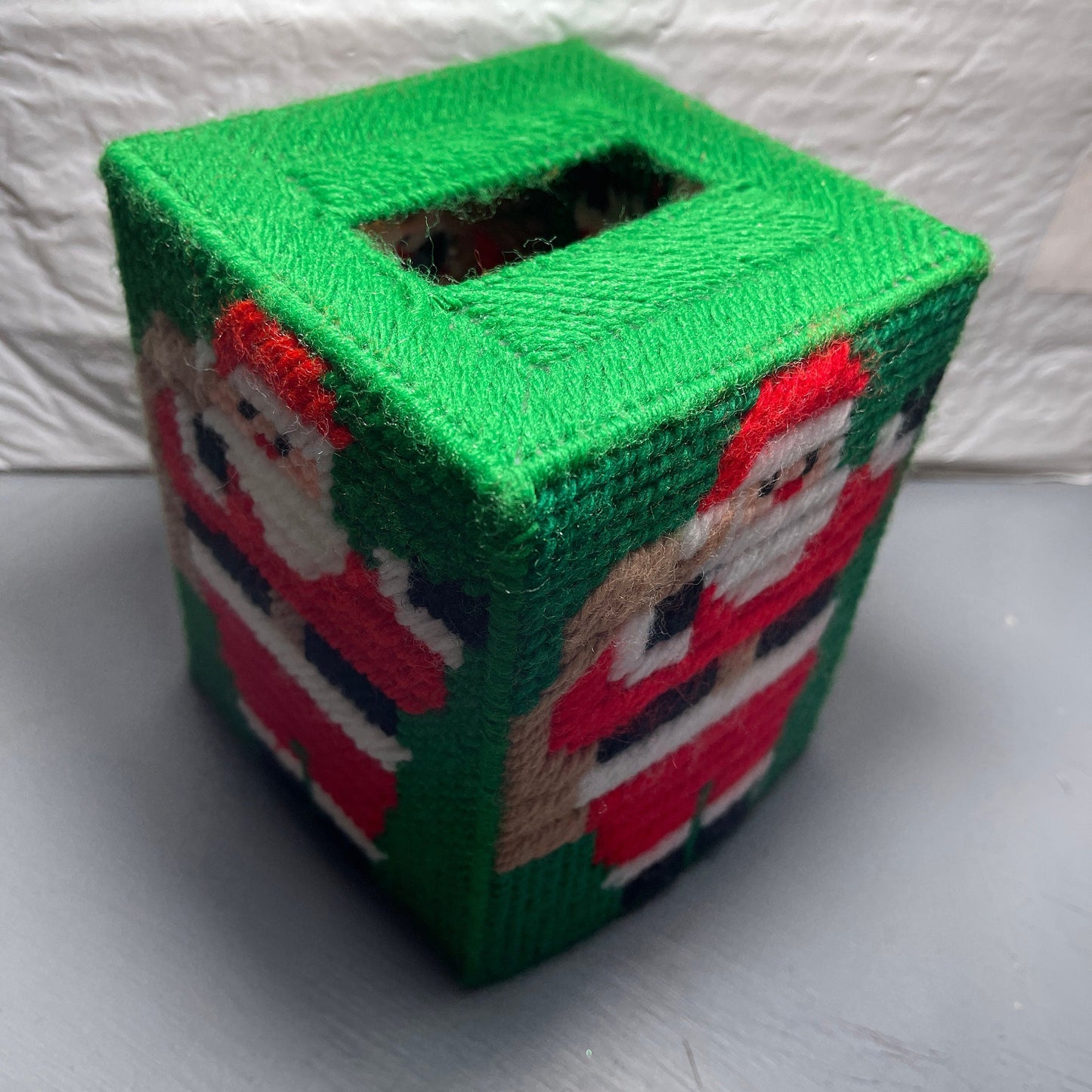 Santa Clause Carrying His Sack Tissue Box Vintage Plastic Canvass Finished Project