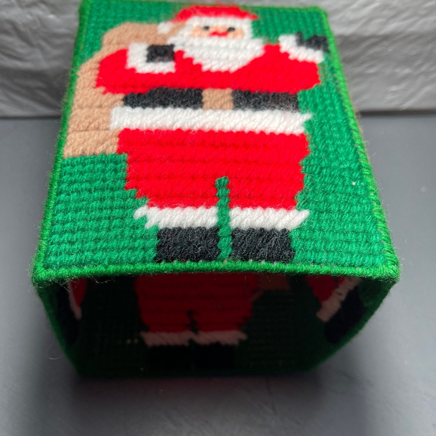 Santa Clause Carrying His Sack Tissue Box Vintage Plastic Canvass Finished Project