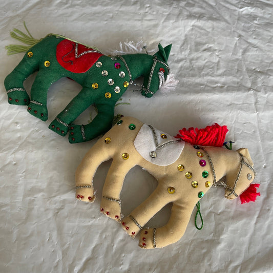 Spectacular Show Horses Pair Green and White with Fancy Saddles Decorated with Sequins Velveteen Plush Ornaments