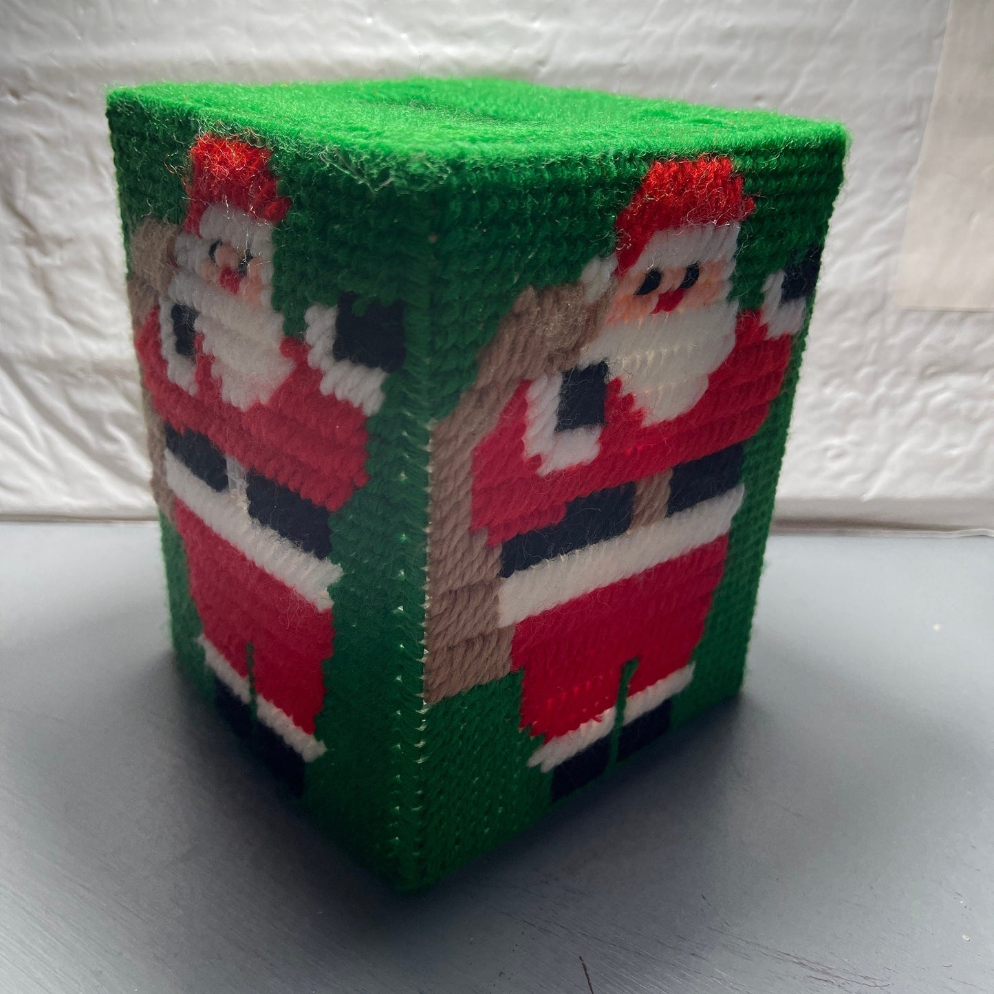 Santa Clause Carrying His Sack Tissue Box Vintage Plastic Canvass Finished Project