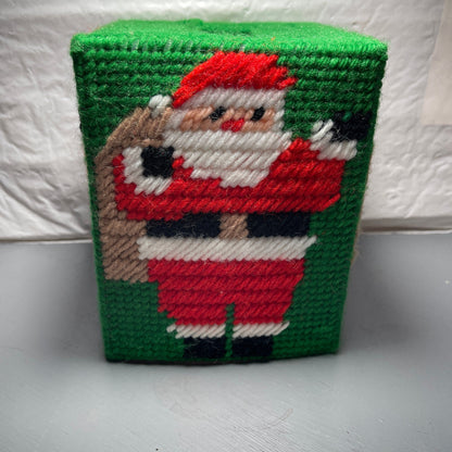 Santa Clause Carrying His Sack Tissue Box Vintage Plastic Canvass Finished Project
