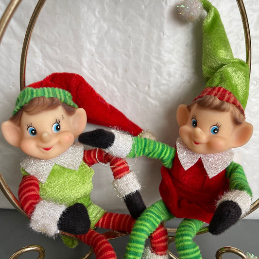 Cute Pair Of Santas Elves Vintage Christmas Collectible Shelf Sitter Decorations