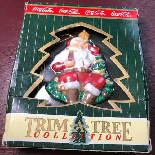 Coca-Cola Drinking Santa Clause Under the Christmas Tree, Vintage 1996, Trim-A Tree Collection Ornament
