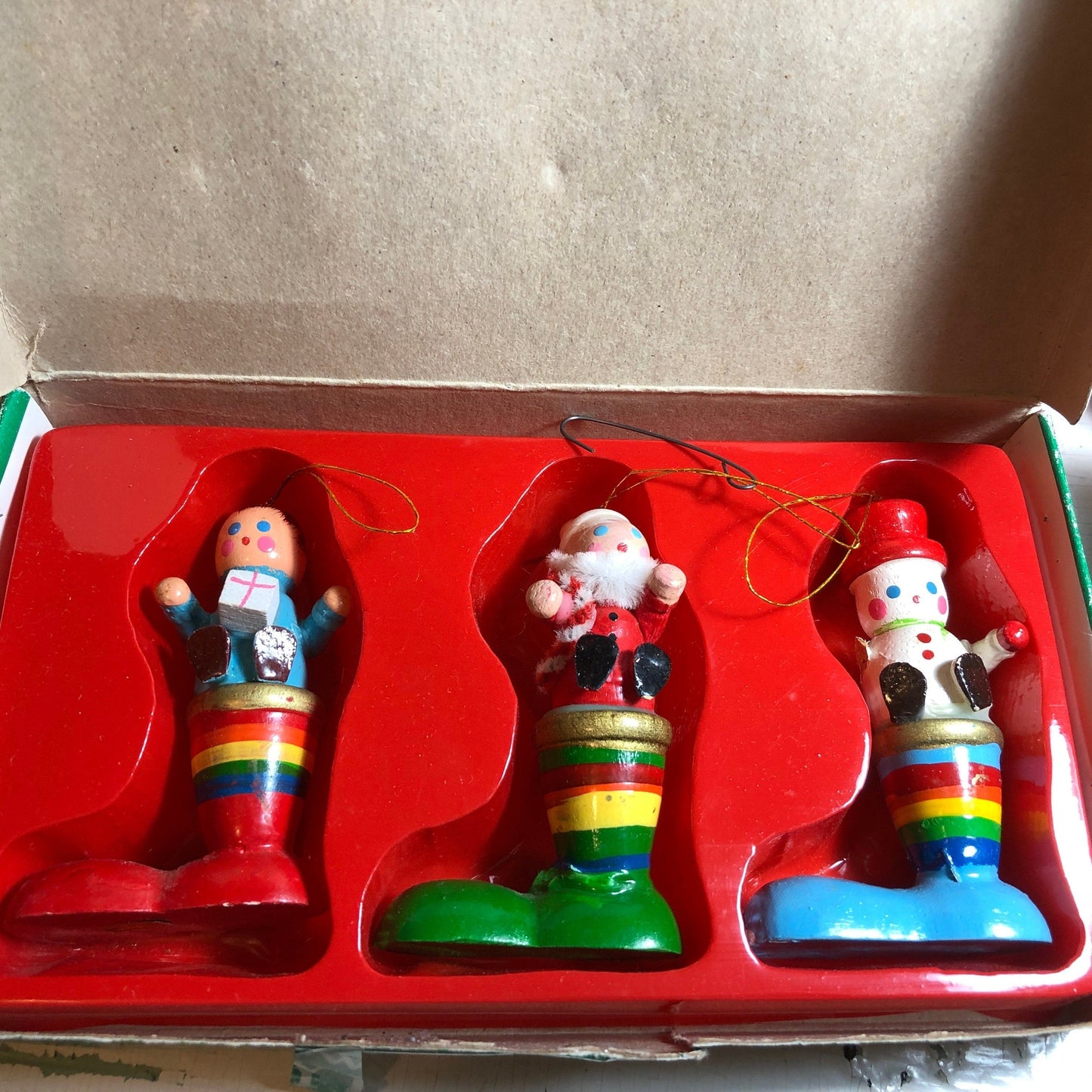 Santa, Boy with Gift, and Snowman all in Stockings, Set of 3 wooden Hand Painted Vintage 1984 Christmas Ornaments