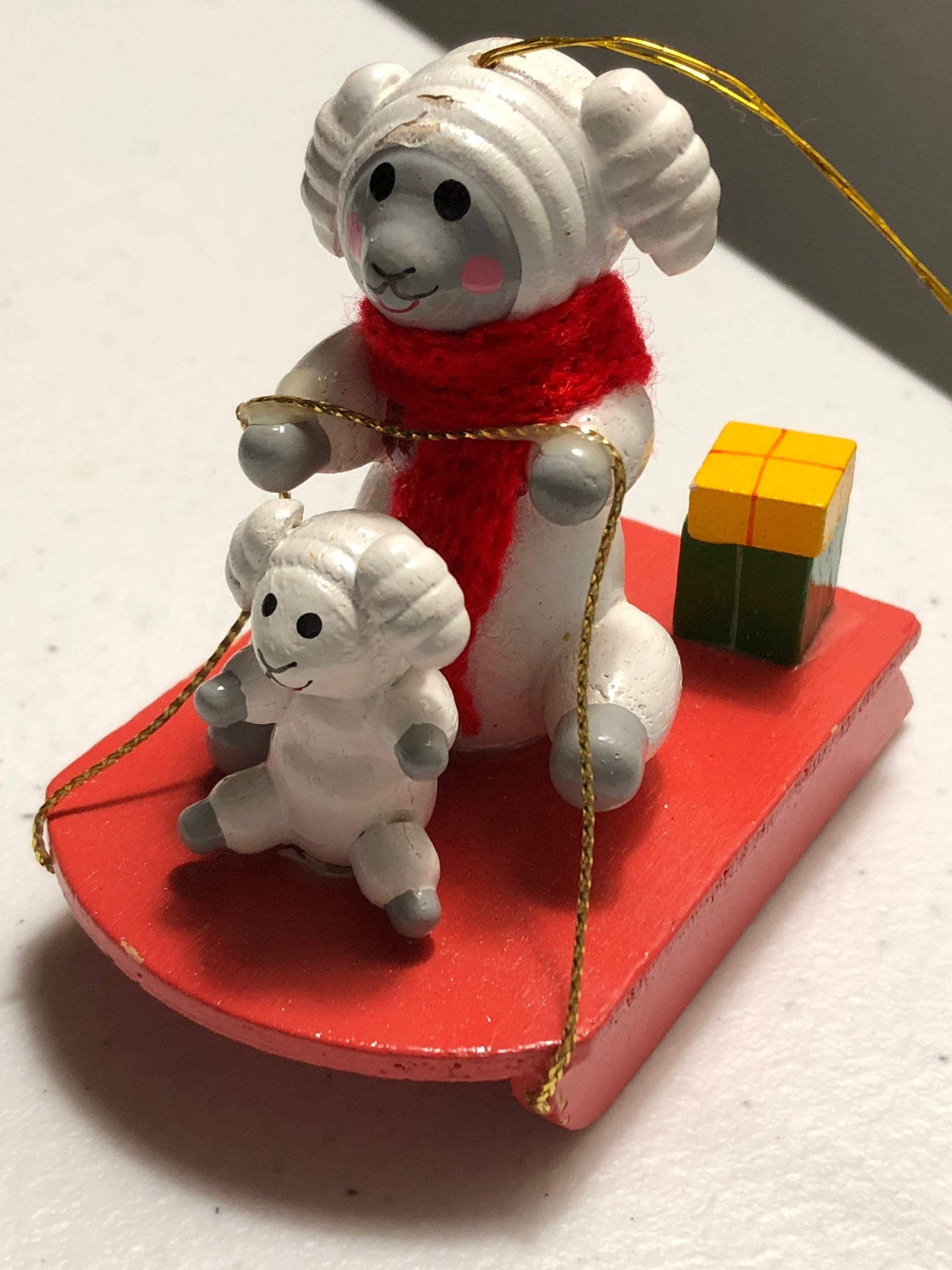Wooden Mommy and Baby Sheep on a Sled with Christmas Packages Ornament Vintage Christmas Ornament