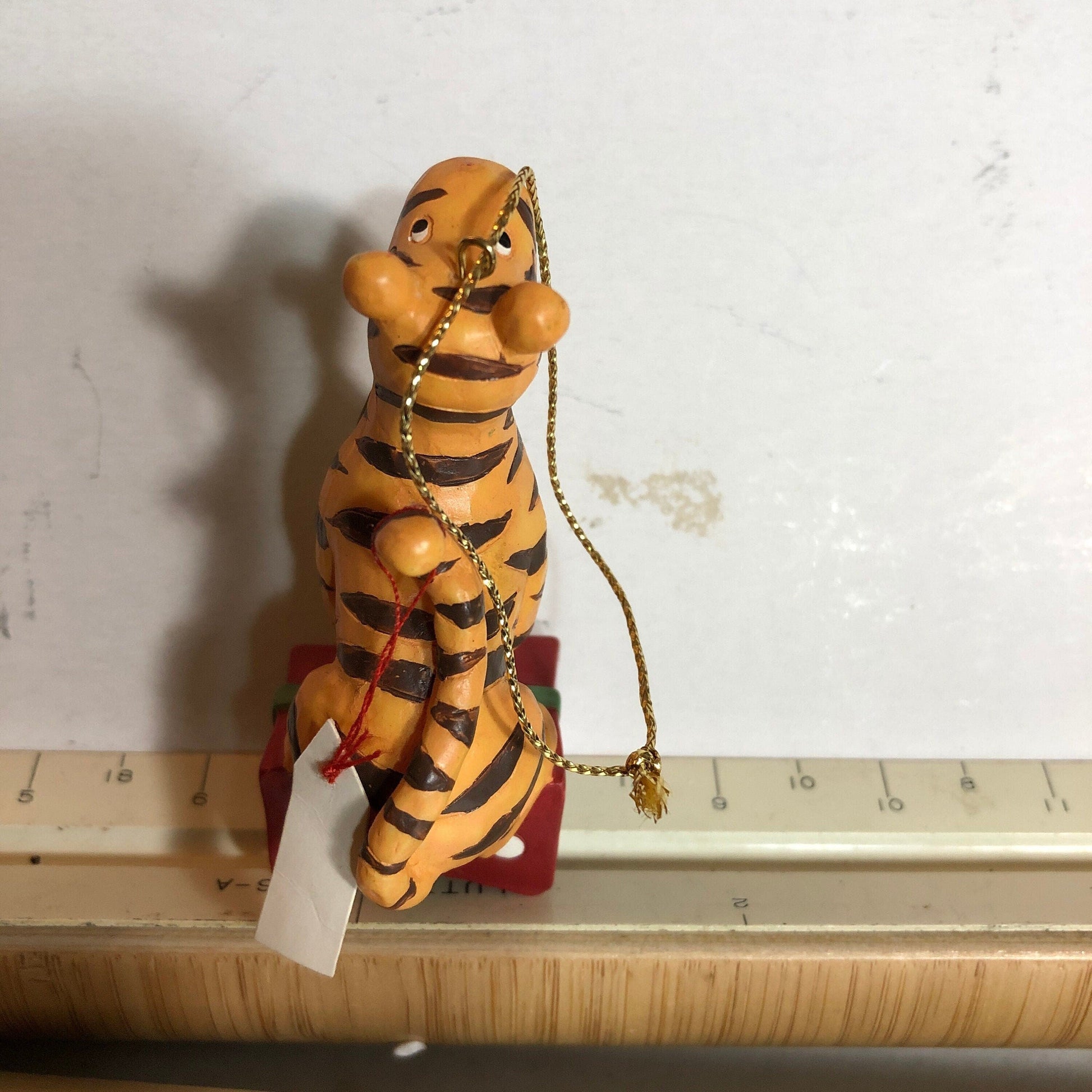 Tiger Sitting On A Wrapped Gift Box, Vintage Christmas Ornament