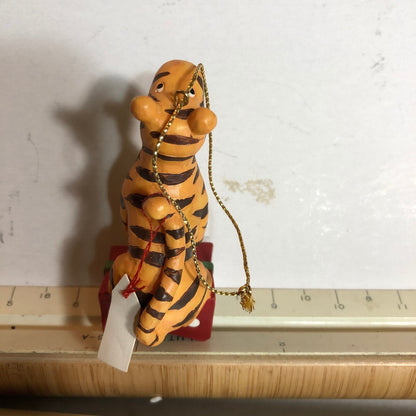 Tiger Sitting On A Wrapped Gift Box, Vintage Christmas Ornament