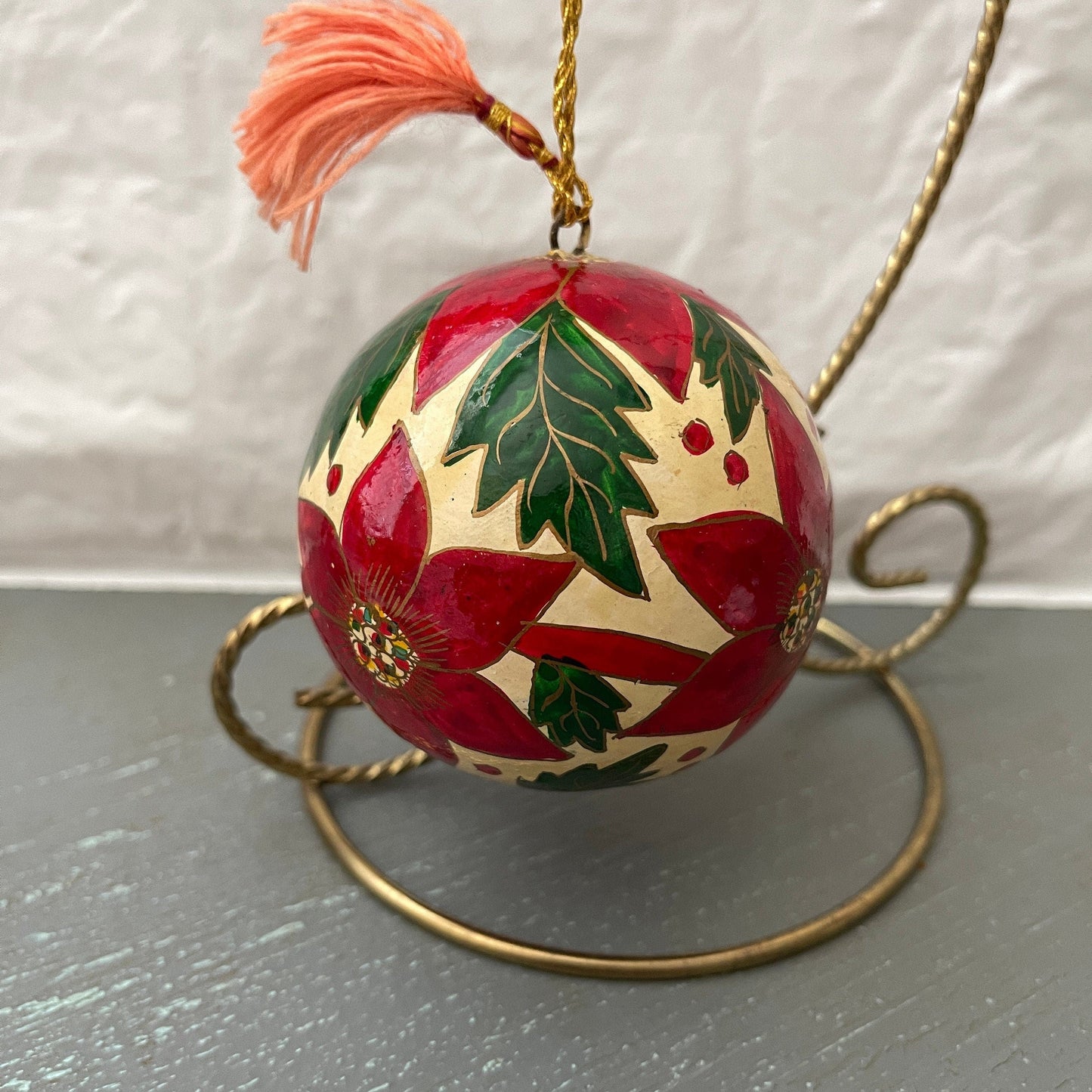 Pretty Poinsettia ornament with matching wooden storage cube, vintage collectible ball ornament