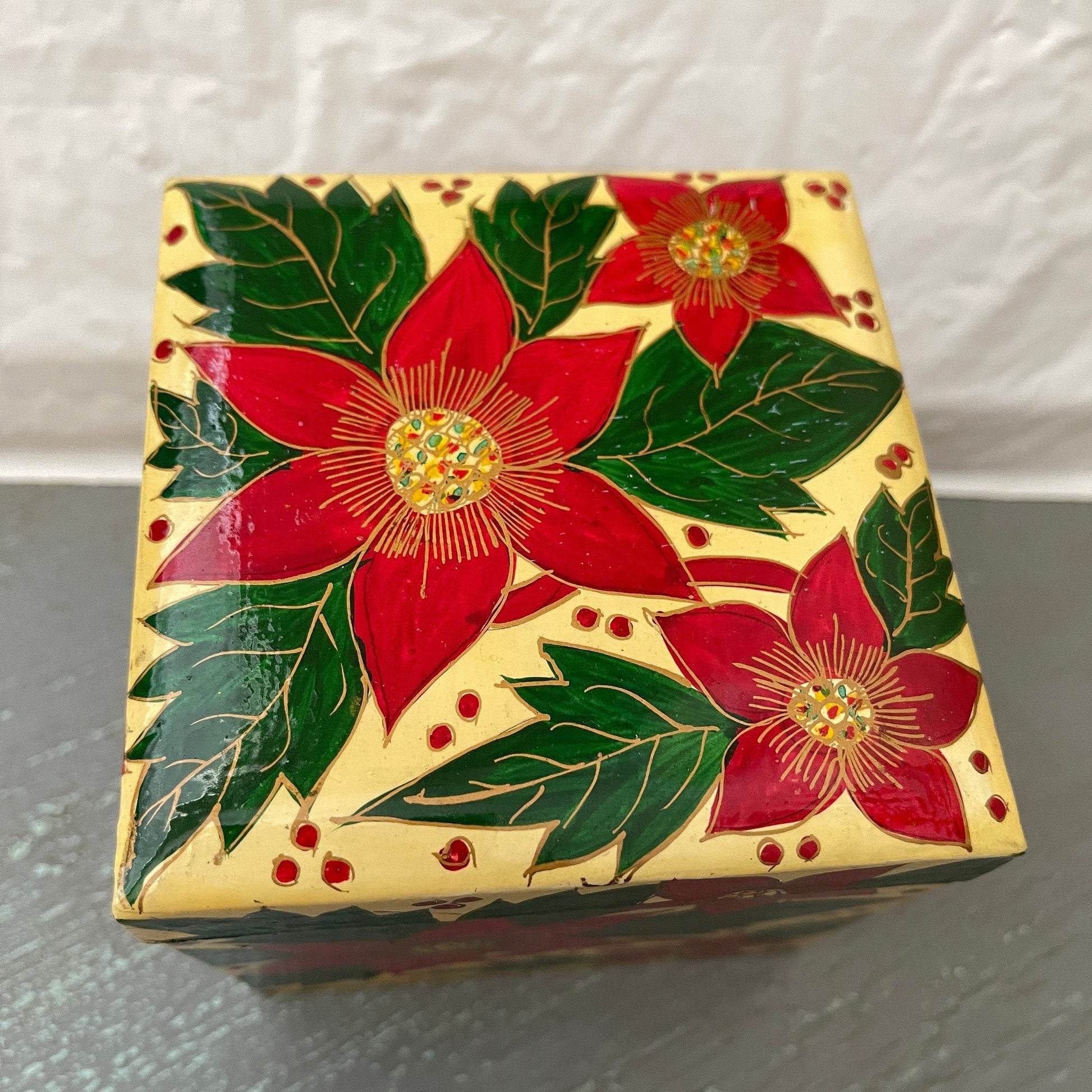 Pretty Poinsettia ornament with matching wooden storage cube, vintage collectible ball ornament