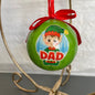 Dad Elf Green Plastic Ball Ornament with Red Ribbon Hanger Vintage Christmas Tree Ornament