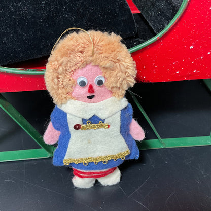 Handcrafted raggedy style felt doll with moving eyes vintage ornament