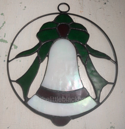 Stained Glass, Set of 3 Nice, Poinsettia, Santa, and Bell, Vintage Holiday Ornaments