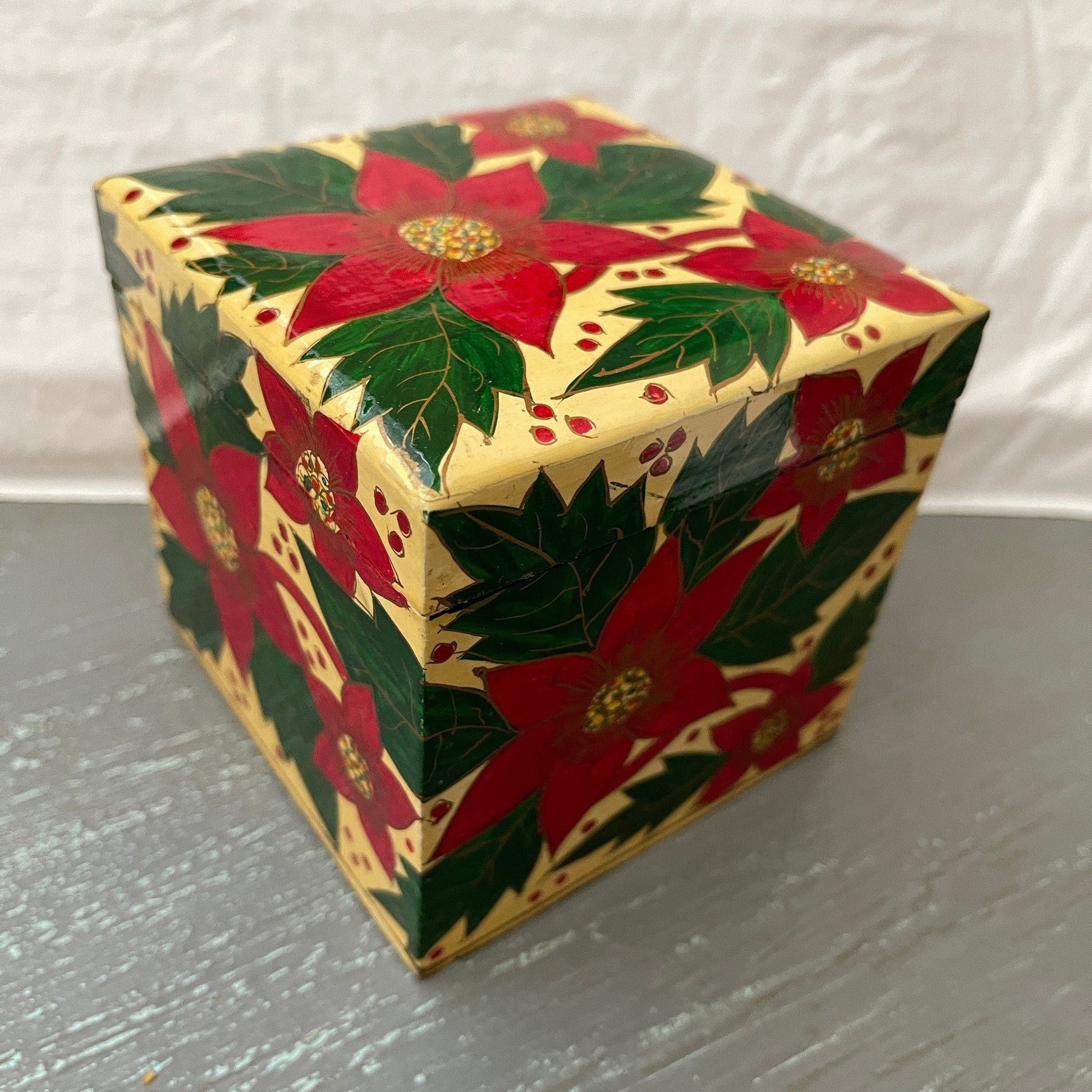 Pretty Poinsettia ornament with matching wooden storage cube, vintage collectible ball ornament