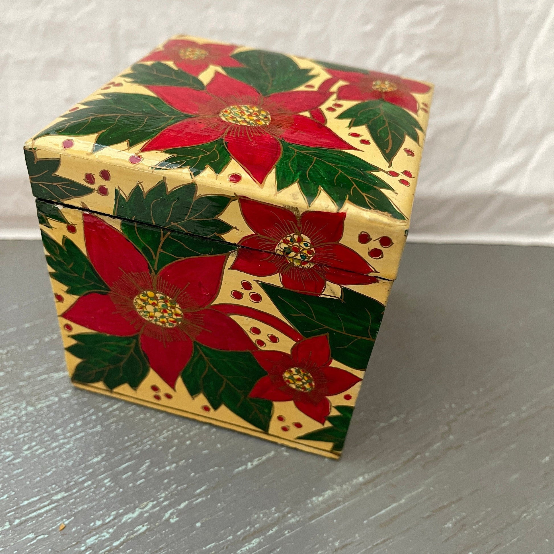 Pretty Poinsettia ornament with matching wooden storage cube, vintage collectible ball ornament