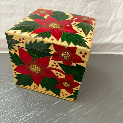 Pretty Poinsettia ornament with matching wooden storage cube, vintage collectible ball ornament