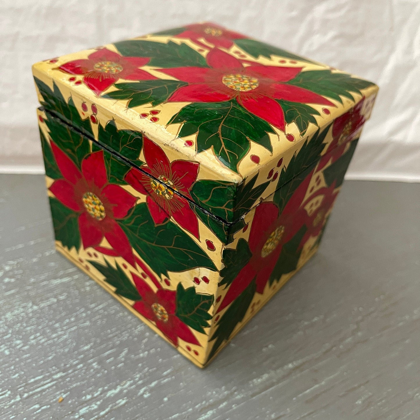 Pretty Poinsettia ornament with matching wooden storage cube, vintage collectible ball ornament