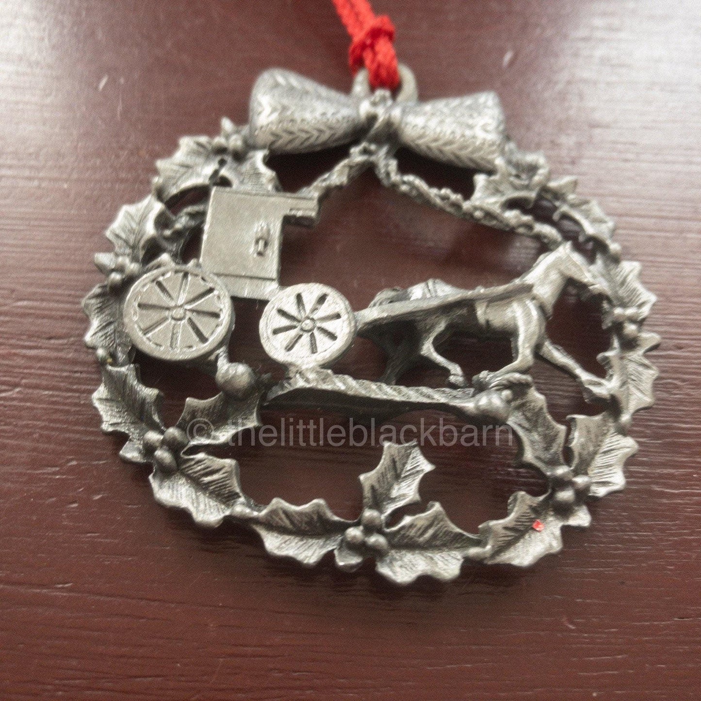 Horse and Buggy in a Wreath Pewter Christmas Ornament