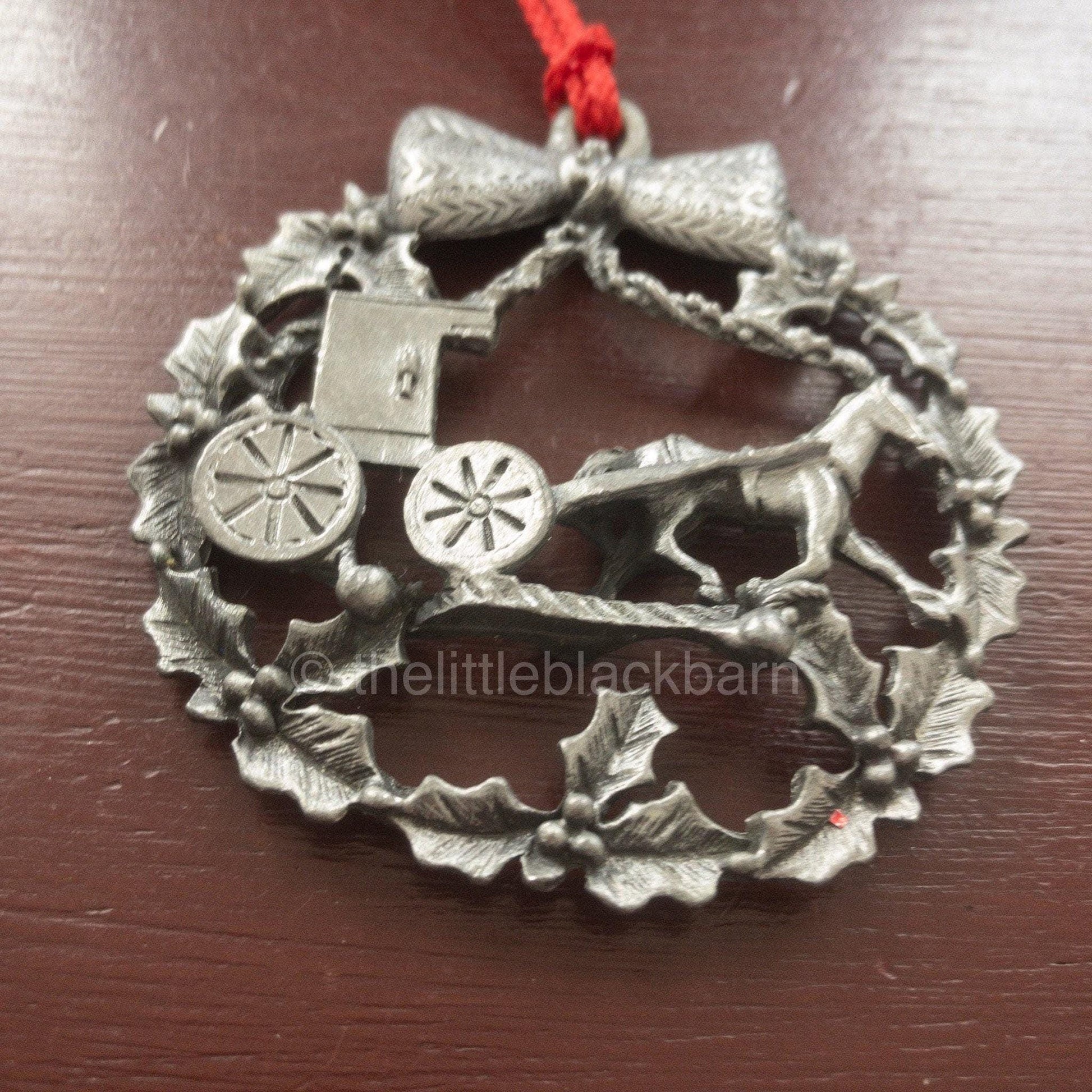 Horse and Buggy in a Wreath Pewter Christmas Ornament