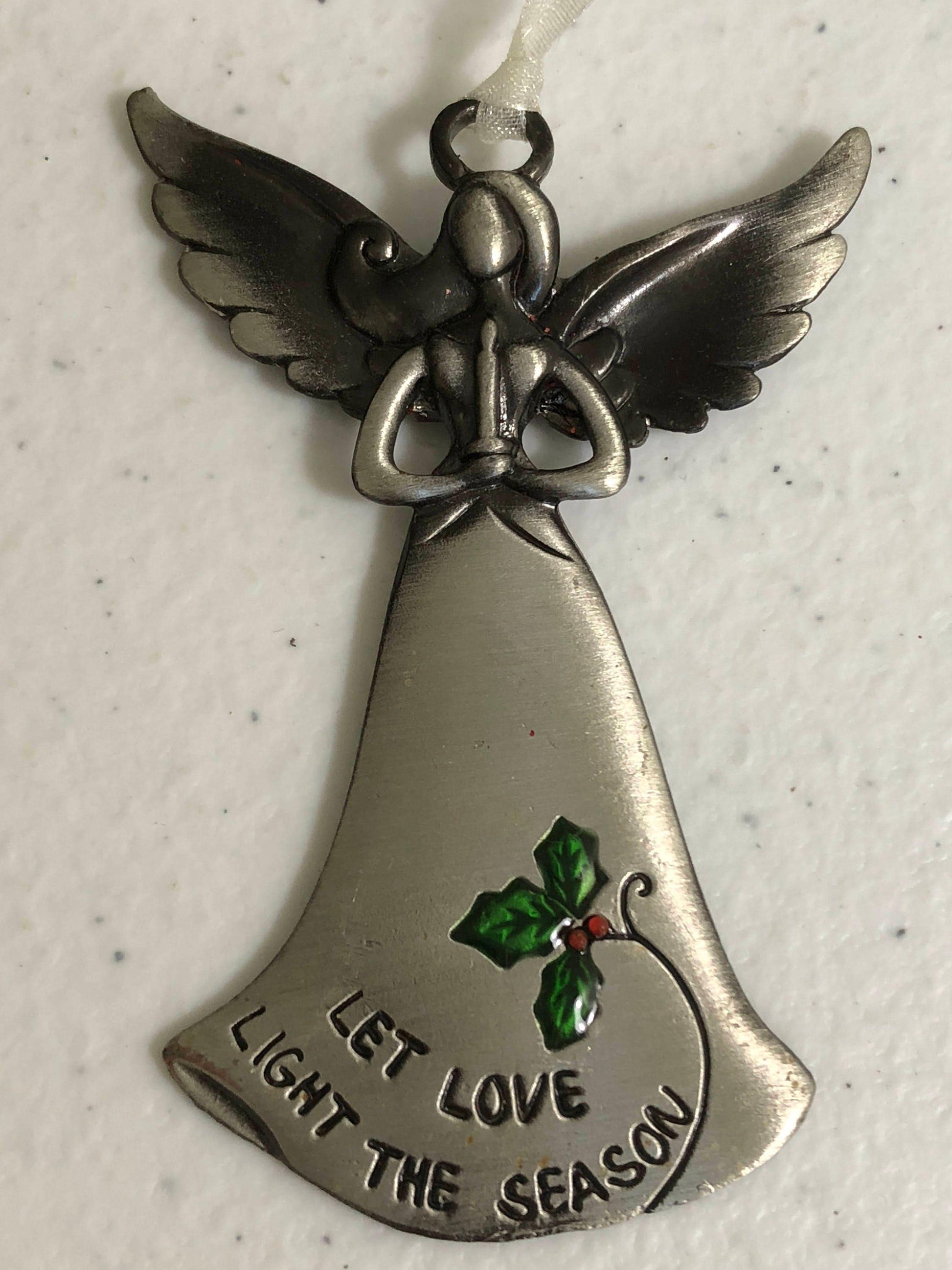 Pewter Angel,  &quot;Let Love Light The season&quot; Vintage Christmas Tree Ornament