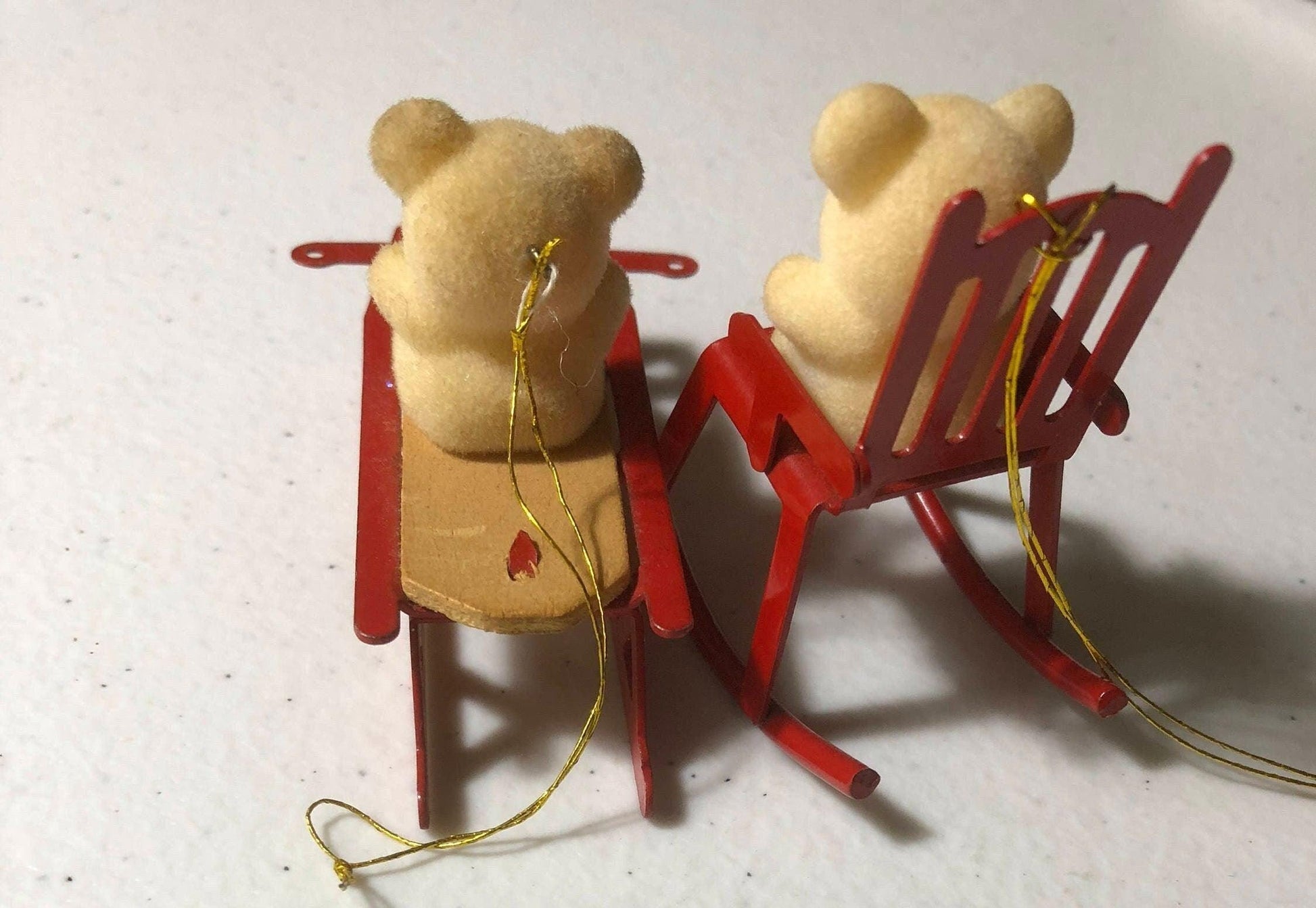 Flocked Bears, on Metal, Red Chair, and Sled, Set of 2 Vintage Christmas Ornaments