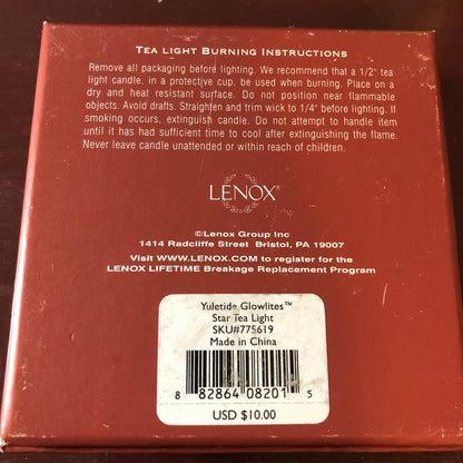 Heart and Star , Tea Lights, Lenox, Yuletide, Glowlites, 1/2 Inch Tea Light Candles Included