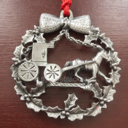 Horse and Buggy in a Wreath Pewter Christmas Ornament