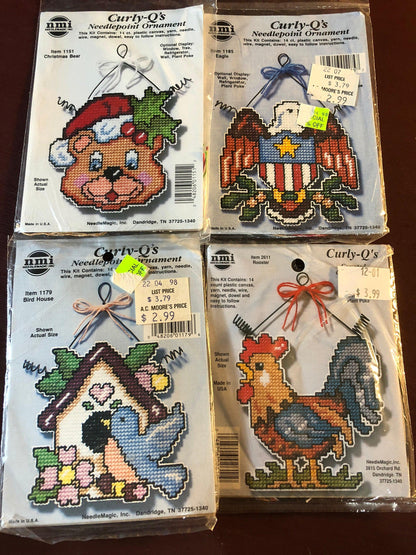 Set of 4 Curly Q&#39;s Cross Stitch on Perforated Plastic, Bird House, Rooster, Eagle Christmas Bear