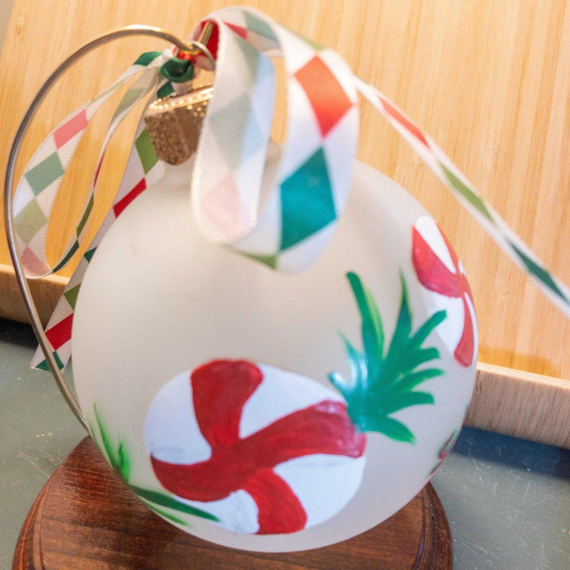 Peppermint Candy, Hand Painted, red, white and green, Glass Ornament