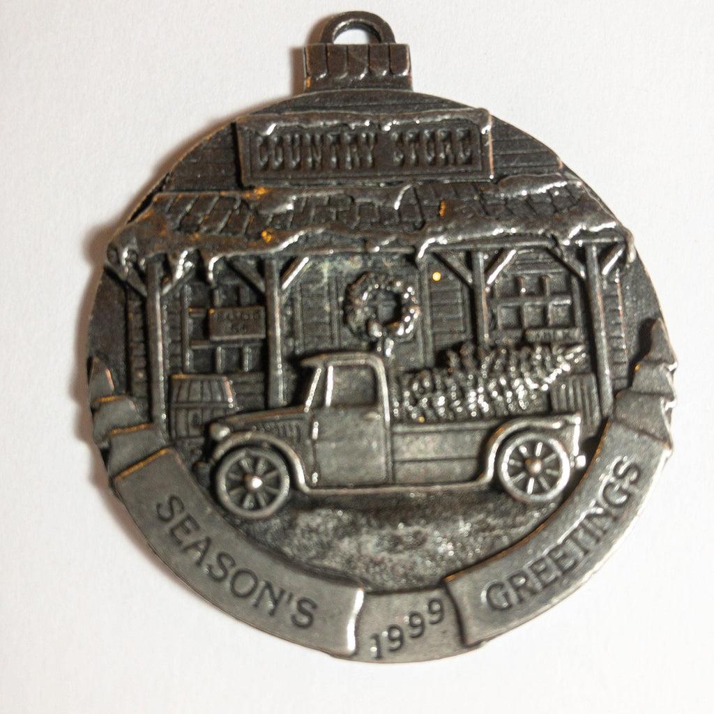 Pewter, Seasons Greetings, Country Store, Pickup & Christmas Tree, Vintage 1990, Ornament