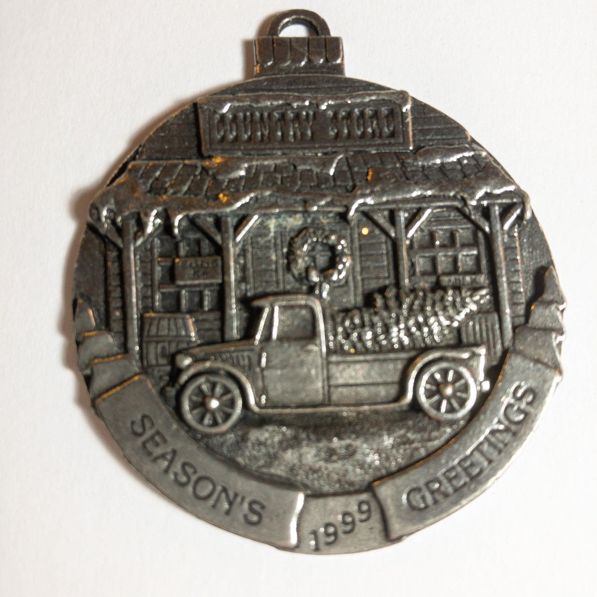 Pewter, Seasons Greetings, Country Store, Pickup & Christmas Tree, Vintage 1990, Ornament