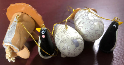 Wooden Animal Ornaments a Lion, Two (2) Sheep, and Two (2) Penguins, Vintage Set of Five (5) Ornaments