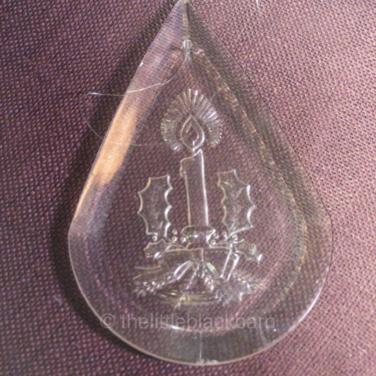 Candle with Flame and Holly Bow and Evergreens. In Shape of Teardrop , Vintage Acrylic Ornament